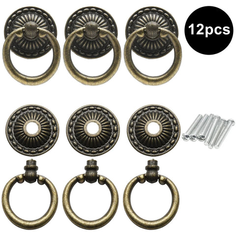 12 Pieces Antique Bronze Drawer Ring Pulls With Flower Pattern, 1.38 Inch Diameter, Includes 12 Screws, Zinc Alloy Vintage Cabinet Hardware