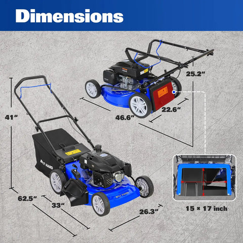 Gas Powered 21 Inch Lawn Mower With 201cc 4 Cycle Engine 3 In 1 Mowing With Bagging Mulching And Side Discharge Easy Start And Adjustable Eight Position Cutting Height For Lawn Yard And Garden Workhorse dimensions diagram