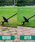 Before and after of Reel Easy Plus Bump Feed Trimmer Head Replacement for Straight Shaft Grass Weed Wacker, 314608005 Compatible with Expand It Attachments installed on a trimmer showing improved grass trimming performance.