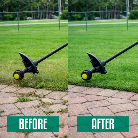 Before and after of Reel Easy Plus Bump Feed Trimmer Head Replacement for Straight Shaft Grass Weed Wacker, 314608005 Compatible with Expand It Attachments installed on a trimmer showing improved grass trimming performance.