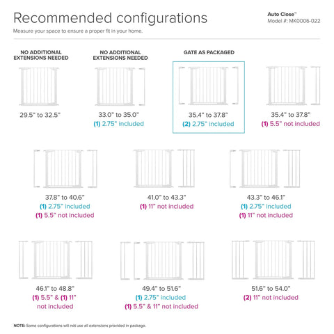 Diagram of recommended configurations for 11 Inch White Baby Gate Extension For Easy Close Metal, Auto Close Metal, Safe Step With Trip Guard.