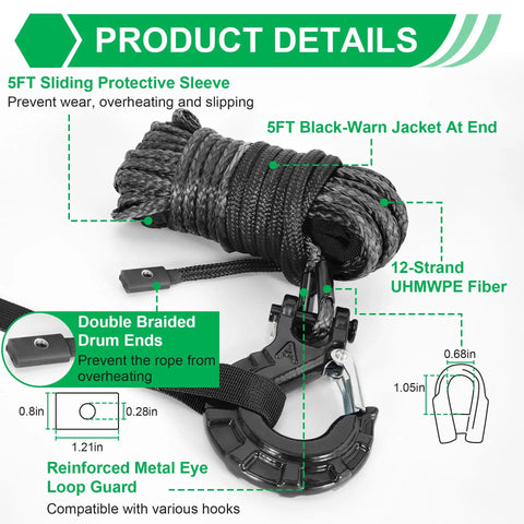 Rugged And Ready Synthetic Winch Rope Kit With Protective Sleeve One Quarter Inch By Fifty Foot Rope Heavy Duty Winch Hook