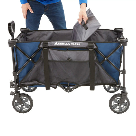 Collapsible Folding Outdoor Utility Wagon With Oversized 36x21x15 Inch Bed, 150 Lb Load, Blue, showing wheels and design