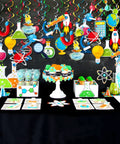 Science Party Hanging Swirl Decor Set, 30 Pack For Kids Birthday Bash, colorful lab theme swirls and props against black backdrop