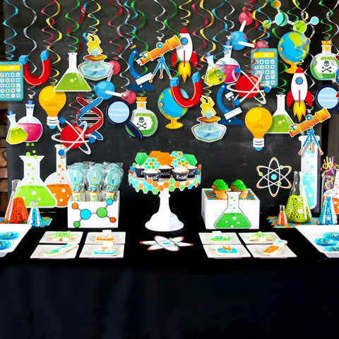 Science Party Hanging Swirl Decor Set, 30 Pack For Kids Birthday Bash, colorful lab theme swirls and props against black backdrop