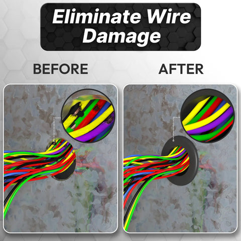 Comparison of wire damage before and after using 180 Piece Rubber Grommet Kit Assorted Eight Sizes For Automotive Wiring.