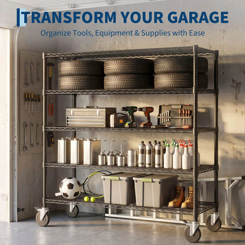 Heavy Duty Rolling Wire Shelving Cart With Five Adjustable Steel Shelves And Locking Swivel Wheels And Hella Solid 640 Lbs Per Tier Build For Garage Pantry Or Basement Storage with tools and tires.