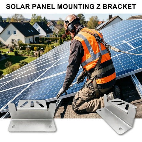 Heavy Hitter Solar Panel Z Bracket Mounts 16 Pack Thick Reinforced Stainless Steel on roof for RV setup.
