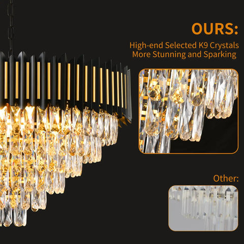Close-up of 3 Tier Black And Gold Crystal Chandelier Pendant Light Fixture showing sparkling K9 crystals and elegant design.