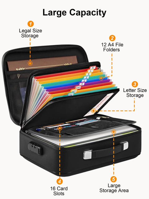 Fireproof Waterproof Document Safe Box With Lock For Important Docs And Passports, Cash And Certificates, Laptop Storage, open showing compartments and file folders