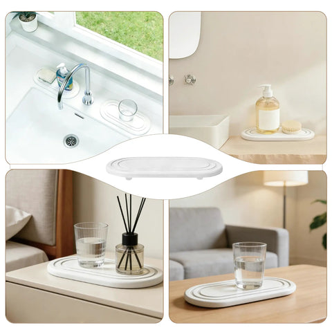 Natural Diatomite Water Absorbing Stone Tray Set Of Two Quick Drying Countertop Catcher for kitchen sink and vanity use.