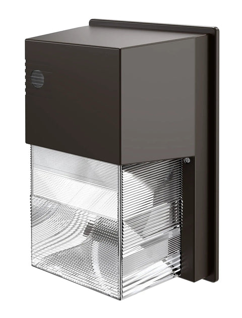 Outdoor LED Wall Pack Light With Dusk To Dawn Photocell, 5000K Daylight, 120-277V, Bronze Finish, side view, clear lens