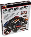Rolling Tool Creeper Caddy Tray With Five Compartments For Mechanic Garage And Workshop Organization Durable Black 17.13 By 15.75 By 4.75 Inches Mobile Rolling Tool Storage Tray in packaging showing features and tools.