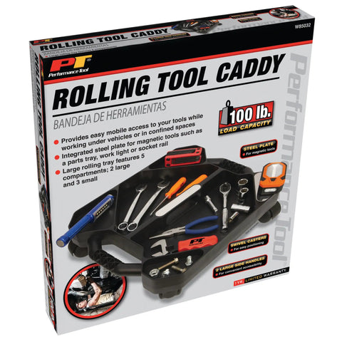 Rolling Tool Creeper Caddy Tray With Five Compartments For Mechanic Garage And Workshop Organization Durable Black 17.13 By 15.75 By 4.75 Inches Mobile Rolling Tool Storage Tray in packaging showing features and tools.