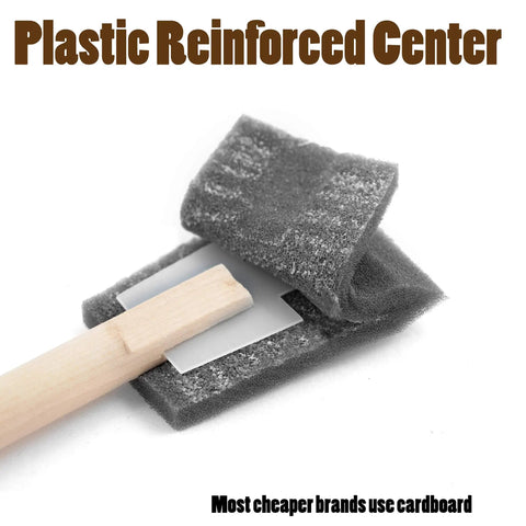 Top Shelf Two Inch Foam Brushes Twenty Four Pack For Painting Staining Varnishing Woodworking Cut Ins Made In The Usa showing a plastic reinforced center with wooden handle.