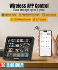 Smart Wi Fi Weather Station With App Control And 8 Inch Display Indoor Outdoor Thermometer Sunset Sunrise Time PM2.5 AQI UV Index Four Alarm Clock 2.4 GHz Wi Fi Compatible shown with phone app control.