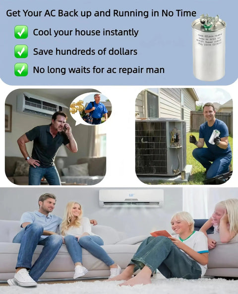 Family enjoying cool air indoors after installing Dual Run Capacitor 45/5uF 5% MFD For Air Conditioner Outdoor Unit