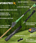 20V Cordless Pole Hedge Trimmer With 9.2 Foot Reach and accessories, showcasing rotating head and dual-action steel blades.