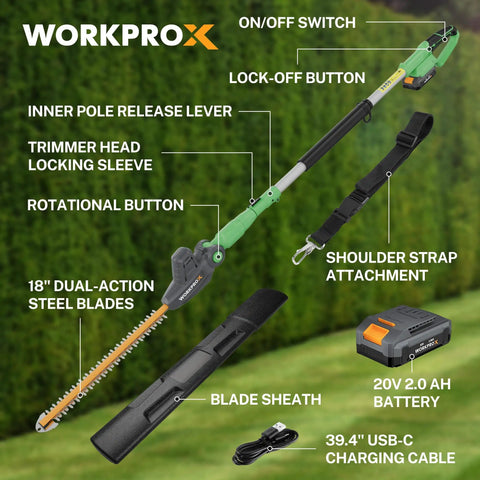 20V Cordless Pole Hedge Trimmer With 9.2 Foot Reach and accessories, showcasing rotating head and dual-action steel blades.