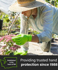 Gardener wearing Heavy Duty Nitrile Gloves 8 Mil With Raised Diamond Grip Latex Free Green Shop Grade Disposable Gloves