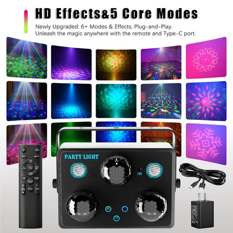 RGB Sound Activated Disco Light With Remote Control showing LED strobe stage lights and pattern options with accessories.