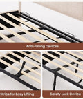 Queen Lift Up Storage Bed Frame With Adjustable Headboard Featuring Premium Chenille Upholstery And Smooth Curved Edges For A Chill Sleep Vibe And Solid Setup In Beige, showing anti-falling devices and easy lifting strips.