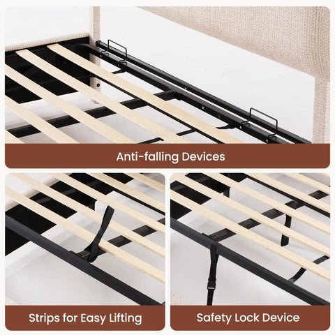 Queen Lift Up Storage Bed Frame With Adjustable Headboard Featuring Premium Chenille Upholstery And Smooth Curved Edges For A Chill Sleep Vibe And Solid Setup In Beige, showing anti-falling devices and easy lifting strips.