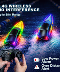 10 Inch Remote Control Boat With 7 Mode LED Lights For Lit Night Racing showing two boats on water with LED lights and controller
