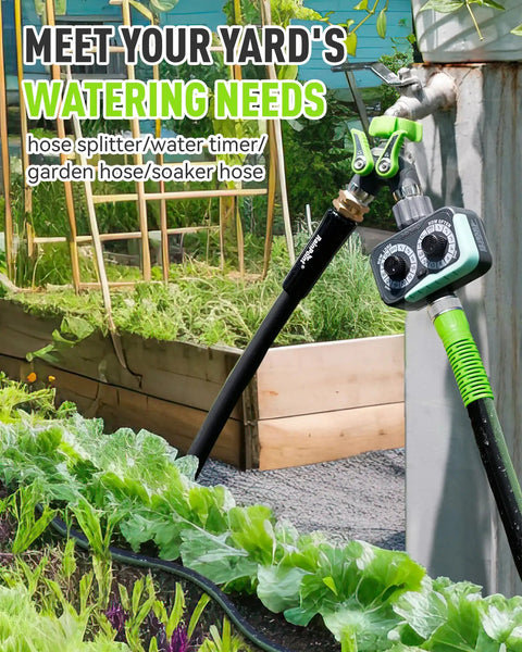 Weatherproof Sprinkler Timer With Three Quarter Inch Hose Port attached to a garden hose in a vegetable garden setup