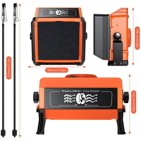 Solder Smoke Absorber Kit With Tiltable Fume Extractor and Flexible Helping Hands shown with dimensions