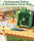 Camping Fan Battery Powered And Solar Powered Lightweight Portable Cordless Fan With Light 10000mAh on outdoor table