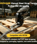 Heavy Duty Manual Steel Strapping Tensioner With Pro-Grade Ergonomic One-Hand Pusher Bar For Quick Bundling, Fits 3/8 To 1/2 Inch Steel Straps, Ideal For Warehouse And Factory Use, Durable And Easy To Use, Fast Adjustable Tension on wooden pallet