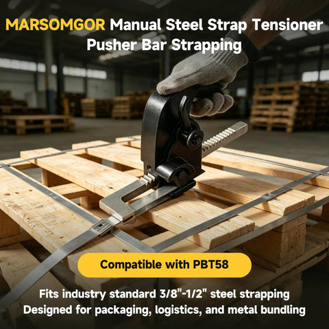 Heavy Duty Manual Steel Strapping Tensioner With Pro-Grade Ergonomic One-Hand Pusher Bar For Quick Bundling, Fits 3/8 To 1/2 Inch Steel Straps, Ideal For Warehouse And Factory Use, Durable And Easy To Use, Fast Adjustable Tension on wooden pallet