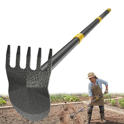 Heavy Duty Long Handle Garden Hoe And Weeder Tool For Weeding And Loosening Soil 2 In 1 with steel shaft in use