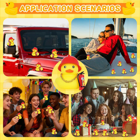 Collage showing Firefighter Rubber Duck Car Ornament Kit With Hard Hat, Glasses, Gold Necklace And Fire Extinguisher DIY in various settings.