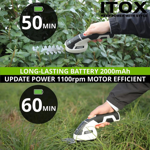 Cordless 2 In 1 Grass Shear And Hedge Trimmer in use, lightweight yard tool, rechargeable battery shown trimming plants