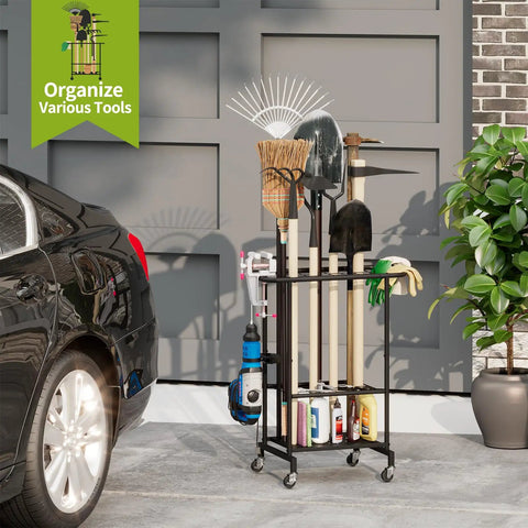 3-Tier Garden Tool Organizer On Wheels Heavy Duty Metal Rolling Storage Cart in garage holding rakes, shovels, and brooms.