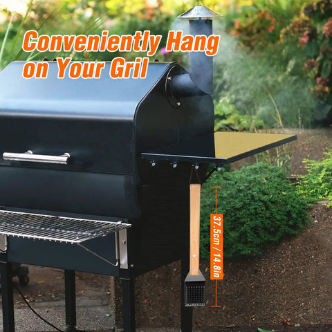 Grill Brush And Scraper 2 In 1 For BBQ With Durable Replaceable Stainless Steel Head And Wooden Handle Hanging on Backyard Grill