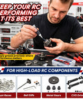 Man applying RC Grease High Pressure for Thrust Races and Ball Differentials on RC car gear components.