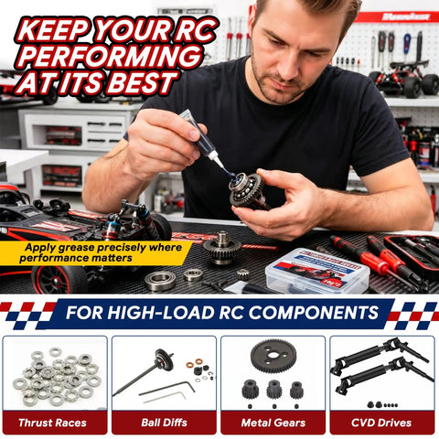 Man applying RC Grease High Pressure for Thrust Races and Ball Differentials on RC car gear components.