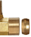 Brass elbow compression fitting, 5/16 in to 1/4 in male pipe; 3-piece set with nut and ferrule.