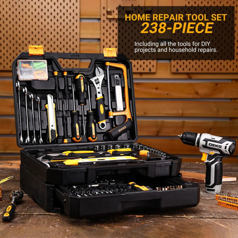 Home Mechanic Tool Box Set With 12V Cordless Drill For DIYers Handy Tools Kit In Portable Drawer Toolbox Organizer