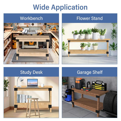 Heavy Duty 3 Way Workbench Corner Bracket Kit For Garage Legs Fits 2x4 Wood Actual One Point Five By Three Point Five Inches Durable Metal DIY Kit For Shelving And Work Tables Rust Resistant 8 Pcs Set used as workbench, flower stand, study desk, and garage shelf