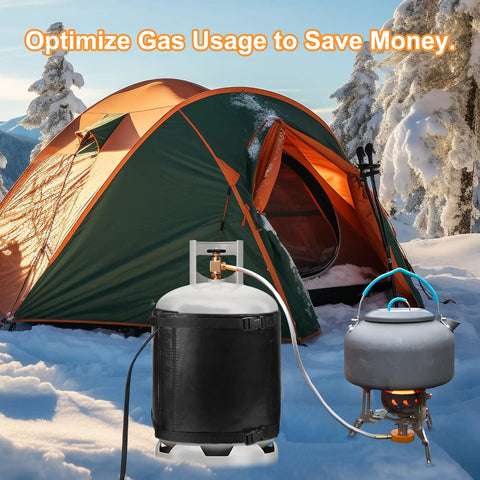 Gas Cylinder Heater Wrap With Thermostatic Control for 20, 30, and 40 lb LP Tanks used in snowy outdoor camping site