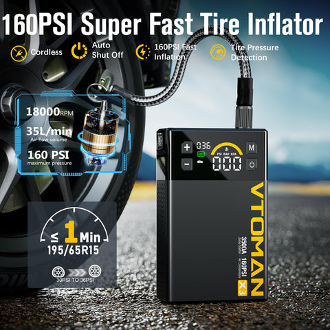 X3 Jump Starter With Air Compressor, 3500A Portable Car Battery Booster, 160 PSI Tire Inflator, 12V Lithium Battery, USB Charging, LED Light, SOS Alarm, All In One Road Trip Lifesaver For Gas And Diesel Engines