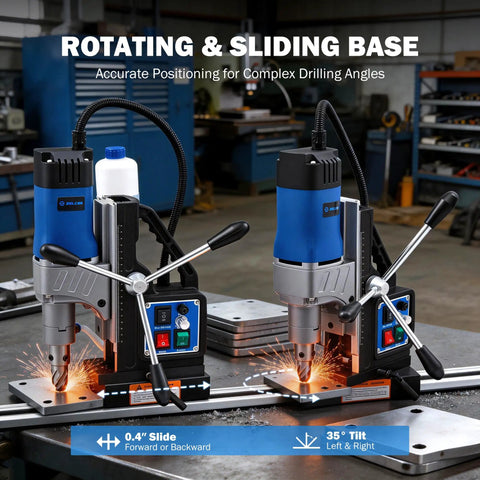 Zelcan 1550W Magnetic Drill Press With 2 Inch Boring Dia And 11 Core Bits features rotating and sliding base for accurate drilling.