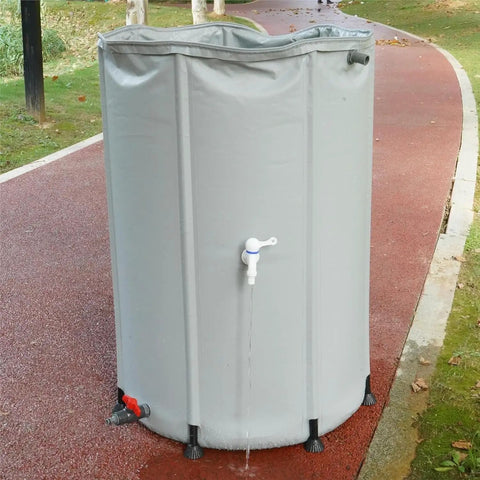 250L Portable Rainwater Collection Barrel With Stand And Tap For Garden, gray PVC barrel with dripping tap on pavement