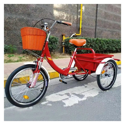 Red adult tricycle with back cabin cargo, dual brakes, front fork shock absorber, PU leather seat, pneumatic wheels on road.