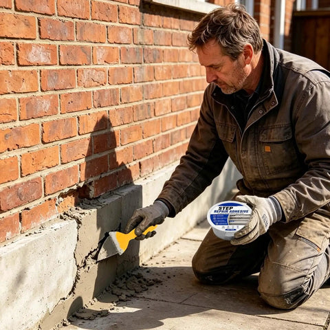 Heavy Duty Concrete Crack Filler For Outdoor Patios And Floors Joint Repair Glue in use on a damaged concrete edge.