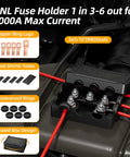 ANL Fuse Holder Includes 300A 400A 500A Fuses Max 1000A Waterproof Fuse Block 1 In 3-6 Out M8 Studs, copper ring lugs and heat shrink tubes.